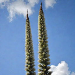 An image of the world's tallest flower, the towering Puya raimondii. Its elongated flower spike stands proudly, its intricate cluster of countless small white flowers reaching towards the sky in an exemplary show of nature's magnificence.