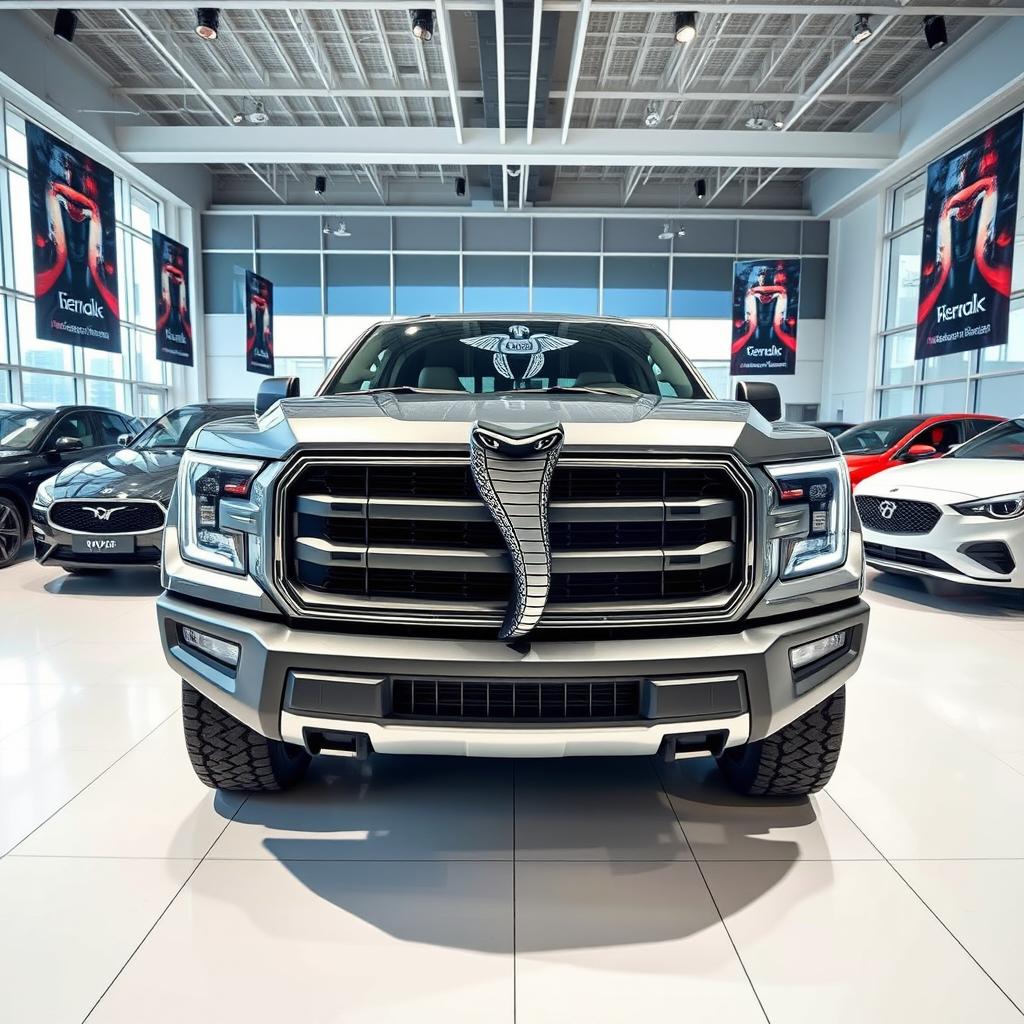 A rugged pickup truck named 'Serpens,' featuring a unique serpent emblem shaped like an 'S' prominently displayed on the front grille