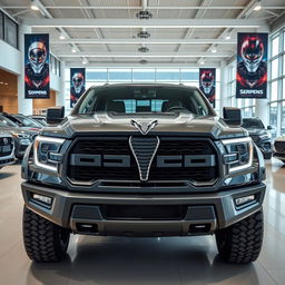 A rugged pickup truck named 'Serpens,' featuring a unique serpent emblem shaped like an 'S' prominently displayed on the front grille