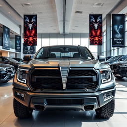 A rugged pickup truck named 'Serpens,' featuring a unique serpent emblem shaped like an 'S' prominently displayed on the front grille