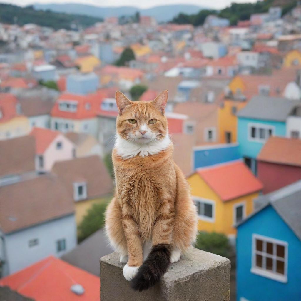 A cat positioned high, gazing over a vibrant and colorful town below, filled with a variety of quaint houses and lively streets.