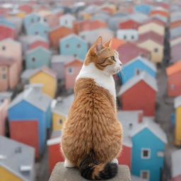 A cat positioned high, gazing over a vibrant and colorful town below, filled with a variety of quaint houses and lively streets.