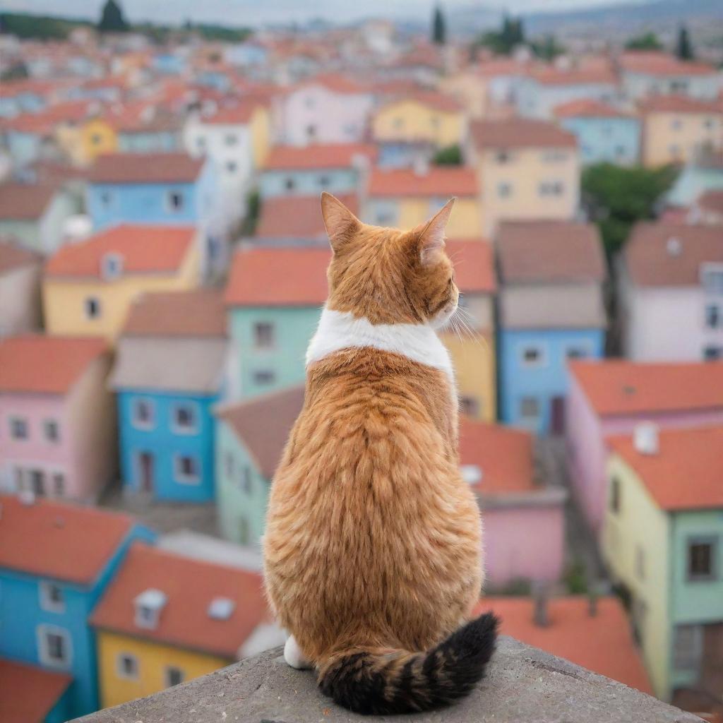 A cat positioned high, gazing over a vibrant and colorful town below, filled with a variety of quaint houses and lively streets.