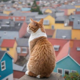 A cat positioned high, gazing over a vibrant and colorful town below, filled with a variety of quaint houses and lively streets.