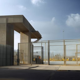 The entrance of a state-of-the-art maximum-security penitentiary, along with the adjoining road, featuring reinforced gates, comprehensive surveillance systems, and robust architecture.