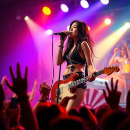 A captivating scene of a sexy Asian girl rockstar performing on stage, dressed in a stylish, edgy outfit, with vibrant stage lights illuminating her