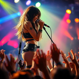 A captivating scene of a sexy Asian girl rockstar performing on stage, dressed in a stylish, edgy outfit, with vibrant stage lights illuminating her