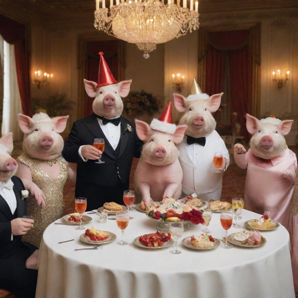 A group of sophisticated pigs dressed as diplomats, happily engaging in a festive party with decorations, cocktails, and party hats, all set in an elegant ballroom.