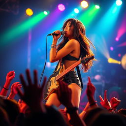 A captivating scene of a sexy Asian girl rockstar performing on stage, dressed in a stylish, edgy outfit, with vibrant stage lights illuminating her