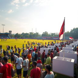 A bustling football field in the morning light in Indonesia, vibrantly decorated for a presidential election