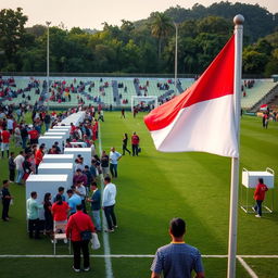 A bustling football field in the morning light in Indonesia, vibrantly decorated for a presidential election