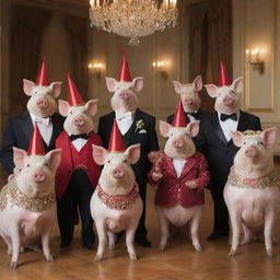 A group of sophisticated pigs dressed as diplomats, happily engaging in a festive party with decorations, cocktails, and party hats, all set in an elegant ballroom.