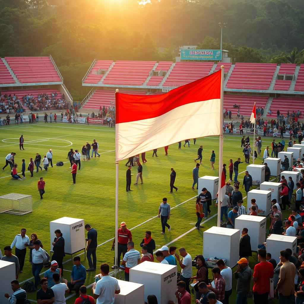 A bustling football field in the morning light in Indonesia, vibrantly decorated for a presidential election