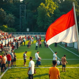 A bustling football field in the morning light in Indonesia, vibrantly decorated for a presidential election