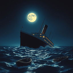 A dramatic scene depicting the Titanic sinking in the middle of the night, with the ship partially submerged in dark, choppy waters