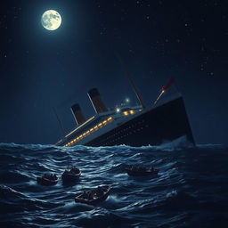 A dramatic scene depicting the Titanic sinking in the middle of the night, with the ship partially submerged in dark, choppy waters