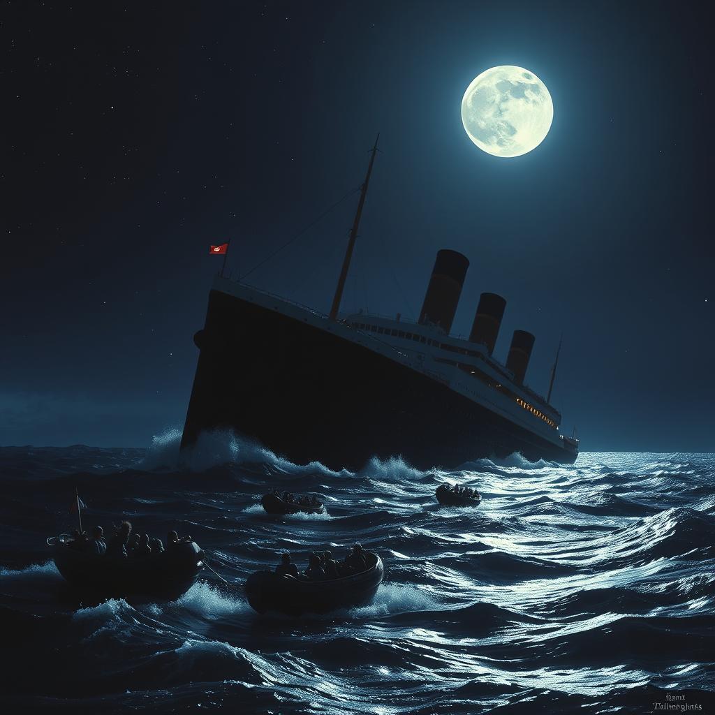 A dramatic scene depicting the Titanic sinking in the middle of the night, with the ship partially submerged in dark, choppy waters