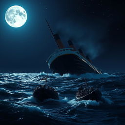 A dramatic scene depicting the Titanic sinking in the middle of the night, with the ship partially submerged in dark, choppy waters