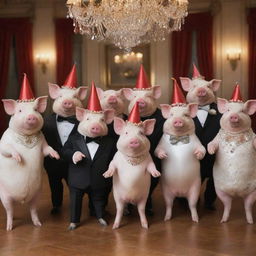 A group of sophisticated pigs dressed as diplomats, happily engaging in a festive party with decorations, cocktails, and party hats, all set in an elegant ballroom.