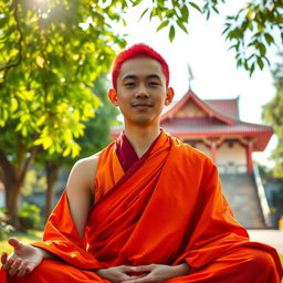 A young adult Buddhist monk with vibrant red hair, dressed in traditional saffron robes