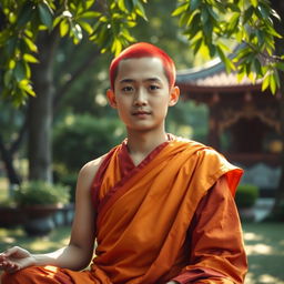 A young adult Buddhist monk with vibrant red hair, dressed in traditional saffron robes