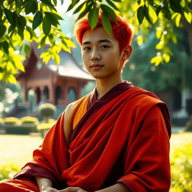 A young adult Buddhist monk with vibrant red hair, dressed in traditional saffron robes