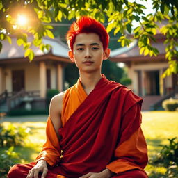 A young adult Buddhist monk with vibrant red hair, dressed in traditional saffron robes