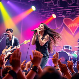 An energetic scene of an Asian rockstar band performing live on stage, featuring a dynamic group of musicians