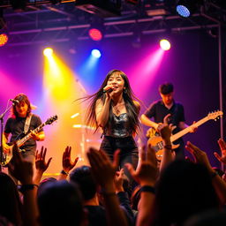 An energetic scene of an Asian rockstar band performing live on stage, featuring a dynamic group of musicians