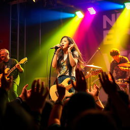 An energetic scene of an Asian rockstar band performing live on stage, featuring a dynamic group of musicians