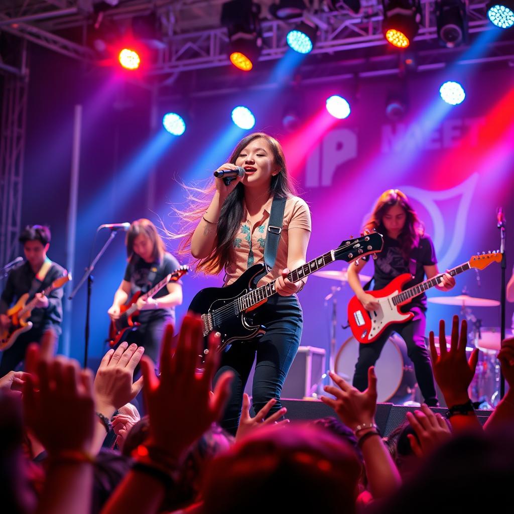 An energetic scene of an Asian rockstar band performing live on stage, featuring a dynamic group of musicians