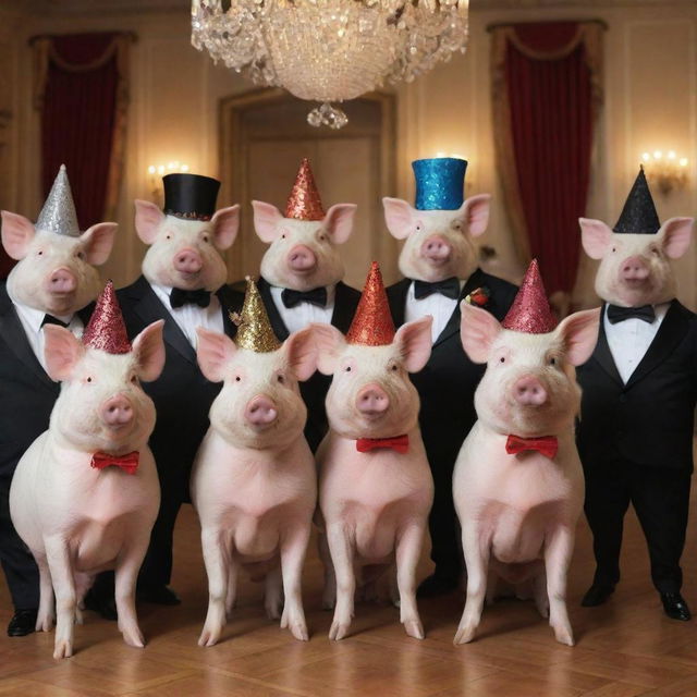 A group of sophisticated pigs dressed as diplomats, happily engaging in a festive party with decorations, cocktails, and party hats, all set in an elegant ballroom.