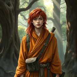 A young adult wandering Buddhist monk with long, disheveled red hair, dressed in weathered saffron robes, reflecting a rugged yet spiritual appearance