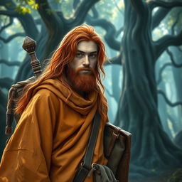 A young adult wandering Buddhist monk with long, disheveled red hair, dressed in weathered saffron robes, reflecting a rugged yet spiritual appearance