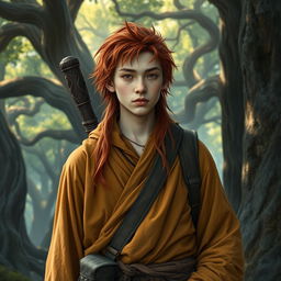 A young adult wandering Buddhist monk with long, disheveled red hair, dressed in weathered saffron robes, reflecting a rugged yet spiritual appearance