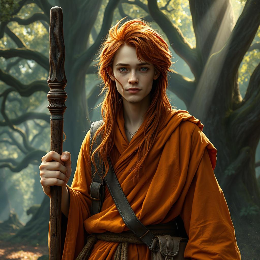 A young adult wandering Buddhist monk with long, disheveled red hair, dressed in weathered saffron robes, reflecting a rugged yet spiritual appearance