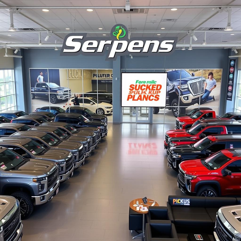 A modern and inviting pickup truck dealership named 'Serpens,' showcasing a wide array of rugged trucks lined up in perfect rows under bright showroom lights