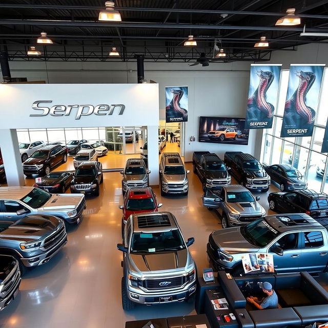 A modern and inviting pickup truck dealership named 'Serpens,' showcasing a wide array of rugged trucks lined up in perfect rows under bright showroom lights