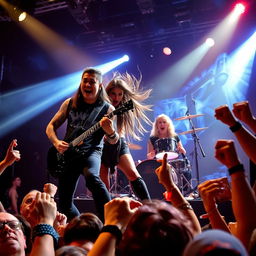 An intense scene of a metal band performing live on stage, showcasing a powerful energy and dynamic presence