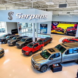 A modern and inviting pickup truck dealership named 'Serpens,' showcasing a wide array of rugged trucks lined up in perfect rows under bright showroom lights