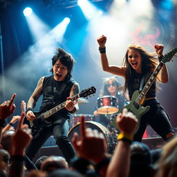 An intense scene of a metal band performing live on stage, showcasing a powerful energy and dynamic presence