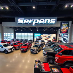 A modern and inviting pickup truck dealership named 'Serpens,' showcasing a wide array of rugged trucks lined up in perfect rows under bright showroom lights