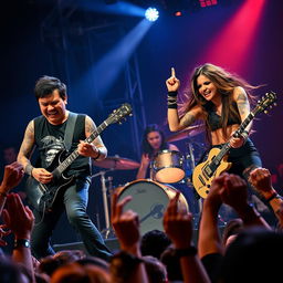 An intense scene of a metal band performing live on stage, showcasing a powerful energy and dynamic presence