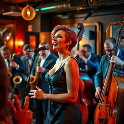 A vibrant scene of a jazz band performing live, featuring a beautiful female singer at the forefront