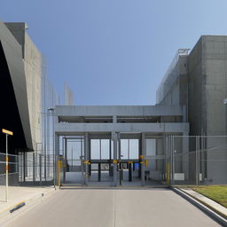 The entrance of a state-of-the-art maximum-security penitentiary, along with the adjoining road, featuring reinforced gates, comprehensive surveillance systems, and robust architecture.