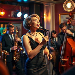 A vibrant scene of a jazz band performing live, featuring a beautiful female singer at the forefront