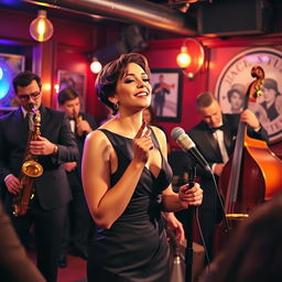 A vibrant scene of a jazz band performing live, featuring a beautiful female singer at the forefront