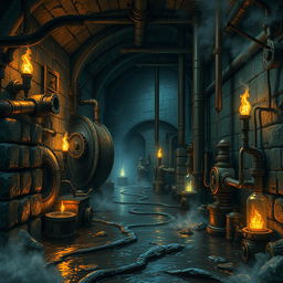 A detailed and atmospheric depiction of a Dungeons & Dragons-inspired sewer system transformed into a factory setting