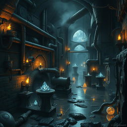 A detailed and atmospheric depiction of a Dungeons & Dragons-inspired sewer system transformed into a factory setting