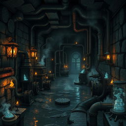 A detailed and atmospheric depiction of a Dungeons & Dragons-inspired sewer system transformed into a factory setting